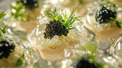 The elegance of the champagne bubbles and the intricate details of the canapÃ©s, filled with fresh herbs and luxurious caviar, are captured in fine --ar 16:9 --v 6.1 Job ID: 373b6e86-7100-4bdf-a582-c5