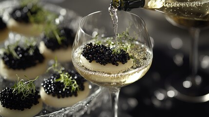 The elegance of the champagne bubbles and the intricate details of the canapÃ©s, filled with fresh herbs and luxurious caviar, are captured in fine --ar 16:9 --v 6.1 Job ID: 373b6e86-7100-4bdf-a582-c5