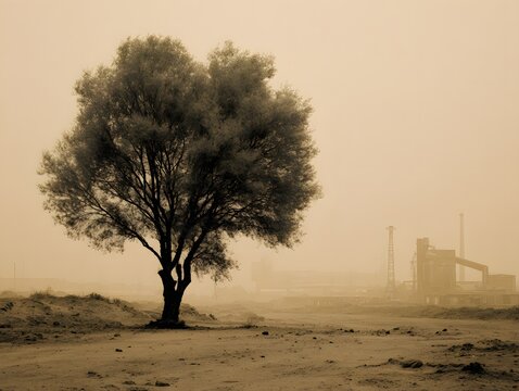 Solitary Tree and Industry Landscape: A stark silhouette of a solitary tree stands against a backdrop of an industrial landscape, captured in muted earth tones.
