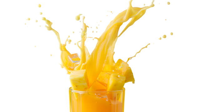 Dynamic orange juice splash frozen in time erupting from a glass isolated on transparent background
