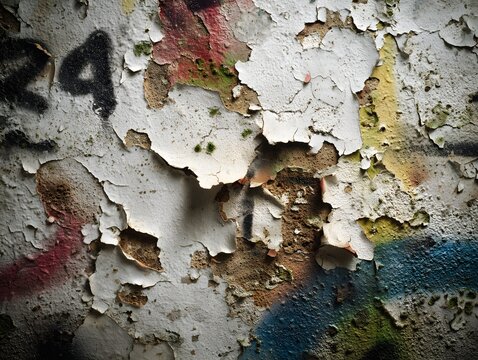 Decaying Wall: Close-up image showcasing weathered textures on a wall. The peeling paint and graffiti reveal layers of history and artistry.