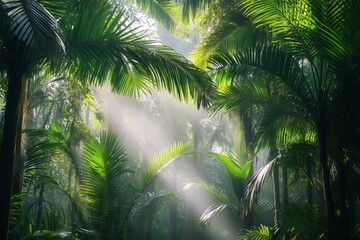 Naklejka premium Lush Tropical Jungle With Sun Rays Penetrating Through Dense Green Foliage in a Serene Natural Setting