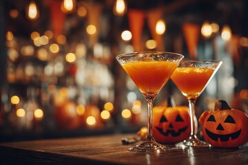 Halloween cocktail party scene with two martini glasses decorated as bats and a carved jack-o’-lantern on a wooden table, blurred spooky lights and pumpkin decorations in the background