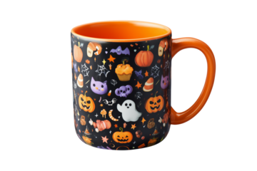 Black Halloween mug with pumpkins ghosts bats and candy corn pattern isolated on a transparent background