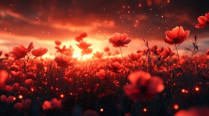 The field is filled with delicate red flowers swaying gently in the breeze, each petal outlined with bold, dark lines typical of stained glass art. Mystical red particles of light float through the ai