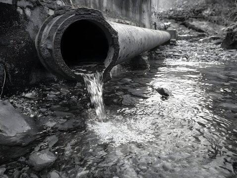 Water Flowing from a Pipe: Water gushes powerfully from a large industrial pipe, flowing into a serene stream and creating a stark contrast between the manufactured and the natural worlds.
