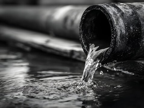 Water Flowing from Pipe: A close-up grayscale depiction captures the raw power of water cascading from a weathered pipe, creating a dynamic contrast of textures and elements.