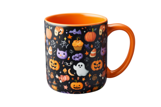 Black Halloween mug with pumpkins ghosts bats and candy corn pattern isolated on a transparent background