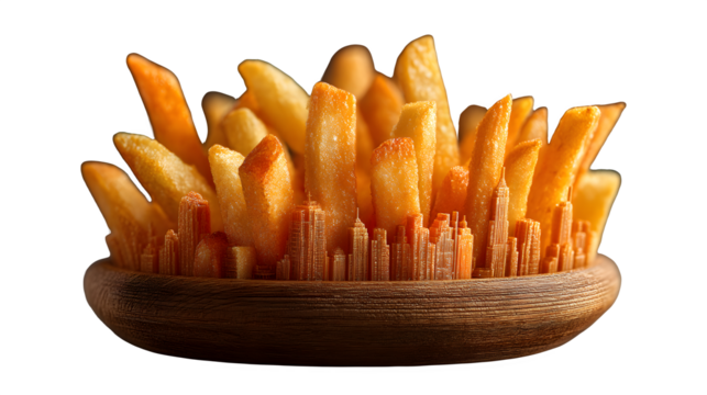 Crispy french fries transform into a vibrant cityscape, a delicious dreamscape for food lovers.