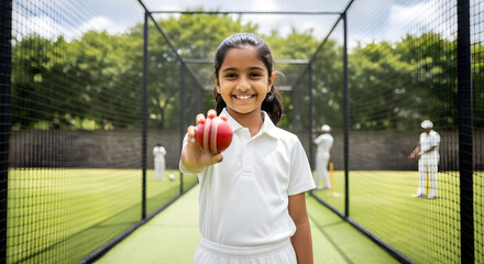 Smiling Young Girl Holding a Cricket Ball in the Nets