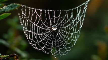 The fine texture of a spiderâ€™s web covered in morning dew â€“ A detailed shot of delicate, geometric patterns of the web with sparkling droplets of dew hanging from each thread --ar 16:9 --v 6.1 Job