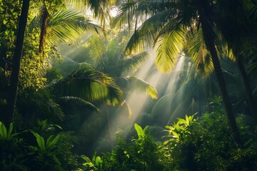 Naklejka premium Lush Green Jungle With Sunlight Filtering Through Tall Palm Trees in a Tropical Rainforest Setting.