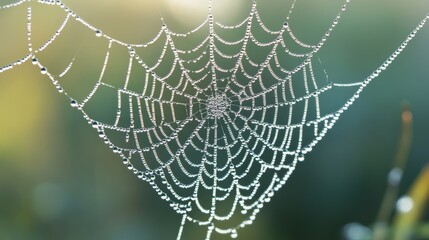The fine texture of a spiderâ€™s web covered in morning dew â€“ A detailed shot of delicate, geometric patterns of the web with sparkling droplets of dew hanging from each thread --ar 16:9 --v 6.1 Job
