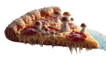 Surreal pepperoni pizza slice adorned with whimsical mushrooms and gooey cheese drips
