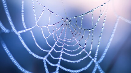 The fine texture of a spiderâ€™s web covered in morning dew â€“ A detailed shot of delicate, geometric patterns of the web with sparkling droplets of dew hanging from each thread --ar 16:9 --v 6.1 Job