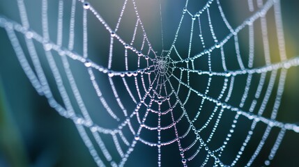 The fine texture of a spiderâ€™s web covered in morning dew â€“ A detailed shot of delicate, geometric patterns of the web with sparkling droplets of dew hanging from each thread --ar 16:9 --v 6.1 Job