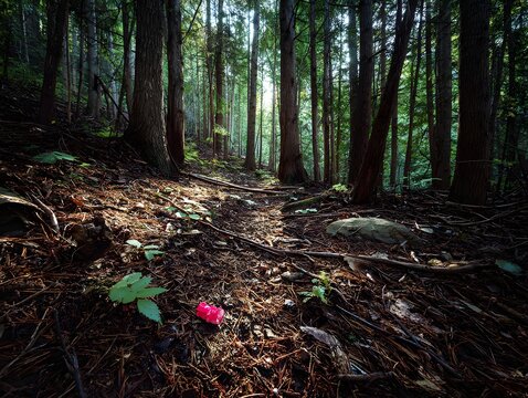 Mystical Forest Pathway: This image shows a sun-dappled pathway leading through a dense, ancient forest, with sunlight filtering through the canopy and illuminating the path.