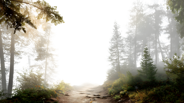 Misty forest path isolated on white background