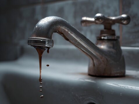 Rusty Faucet with Dripping Water: A close-up of an aged, metallic faucet from which dirty water drips slowly, creating a stark visual that suggests potential issues with water quality or conservation.