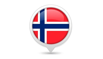 A glossy, circular emblem displays the flag of Norway against a plain white backdrop.