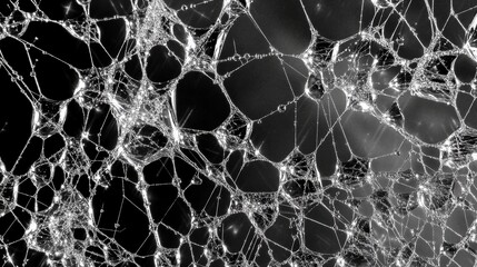 The fine texture of a spiderâ€™s web covered in morning dew â€“ A detailed shot of delicate, geometric patterns of the web with sparkling droplets of dew hanging from each thread --ar 16:9 --v 6.1 Job
