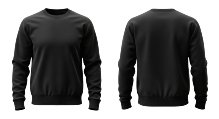 Brand-new blank black crewneck sweatshirt with ribbed cuffs and hem, presented in front and back views on a transparent background, ideal for product branding mockups