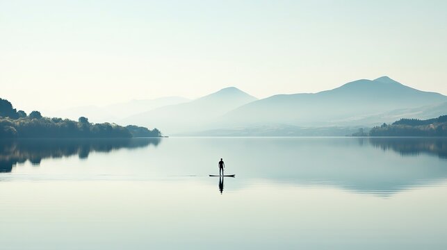 Stand-up paddleboarding on a calm lake with misty mountains in the background during early morning - Powered by Adobe
