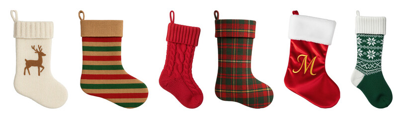 Christmas stockings set including fair isle, cable knit, tartan, and burlap designs isolated. Festive winter holiday collection.
