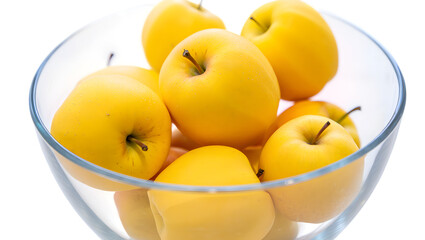 A clear glass bowl filled with bright yellow apples isolated on transparent background
