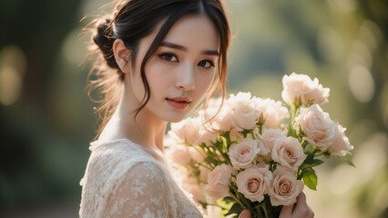 Elegant Asian woman with pink roses in a lush garden during daytime