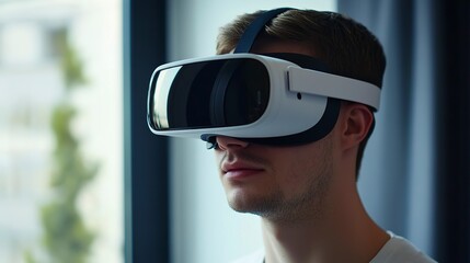 Immersive VR gaming experience with advanced headset in a modern indoor setting