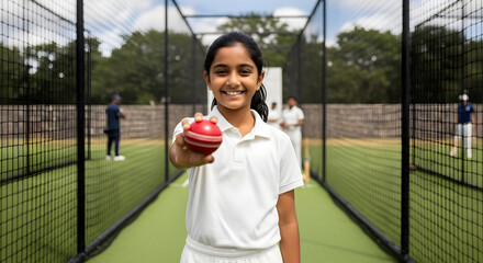 Smiling Young Girl Holding a Cricket Ball in the Nets