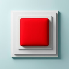 Modern minimalistic red square button placed on layered white frames with soft shadows, abstract concept for technology or interface design.