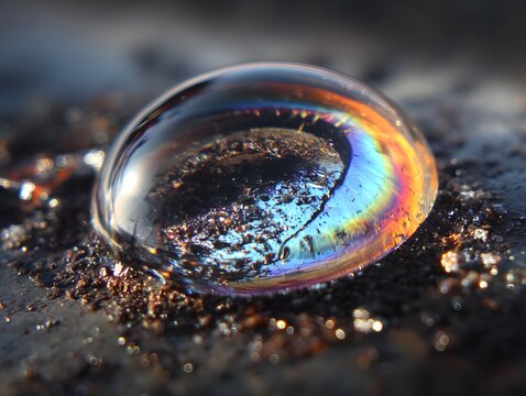 Rainbow droplet on the ground: Captivating image of a droplet, iridescent with a rainbow of colors, resting gracefully on a textured surface, a mesmerizing dance of light and shadow.