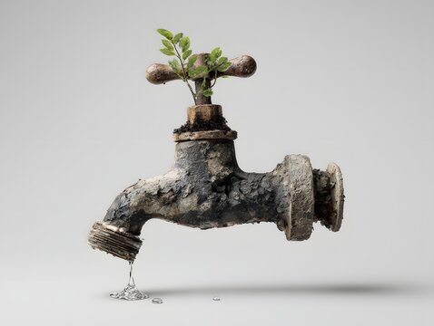 Nature's Tap: An imaginative display of a vintage water tap, repurposed as a vessel for sprouting plants, representing environmental consciousness, sustainability, and renewal. 