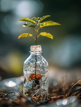 Nature's Resilience: A tender sapling springs forth from a recycled plastic bottle, symbolizing growth and sustainability in a world striving for environmental balance. 