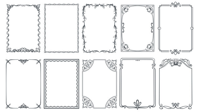 Set of decorative frames with floral, swirl, and geometric motifs. Includes rectangular, rounded, and curved corner styles. Vector illustration for wedding templates, certificates, labels, or