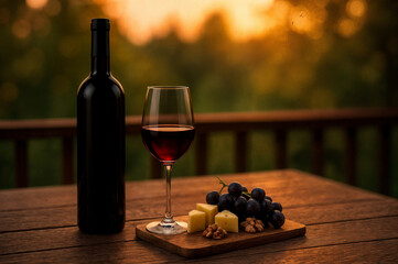 Romantic still life with wine glass, bottle and cheese board on veranda