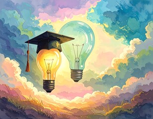 Floating lightbulbs with graduation cap, sunrise backdrop