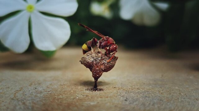 Wasp building its nest on the wall with periwinkle flower at background blur.