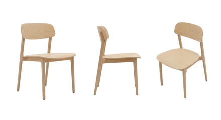 Fototapeta premium A minimalist modern blonde wood chair, curved back, ergonomic seat, isolated on transparent studio cyclorama, copy space, professional product photography.