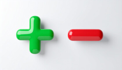 Obraz premium Minimalistic 3D icons, glossy green plus and red minus isolated on white background, clean aesthetic