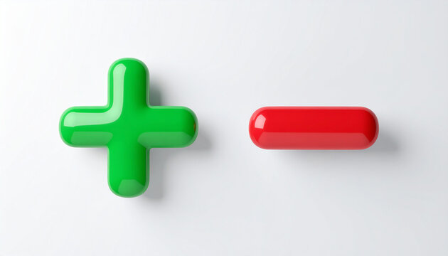 Minimalistic 3D icons, glossy green plus and red minus isolated on white background, clean aesthetic