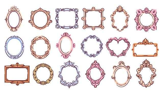 Empty painting and photo frames set. Retro wall decor of different shapes. Art gallery, museum mascots, cartoon cute classic frames, ornament borders collection vector illustration