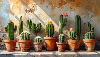 Several cacti in terracotta pots against a weathered wall