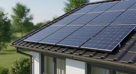 Fototapeta premium Close-up View of Modern Rooftop Solar Panels on Tiled Roof