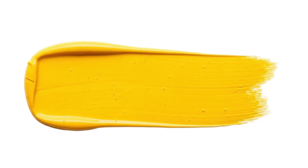 Vibrant yellow acrylic paint brush stroke with bristle texture and air bubbles, horizontally applied on a transparent background with copy space, concept of pure artistic expression