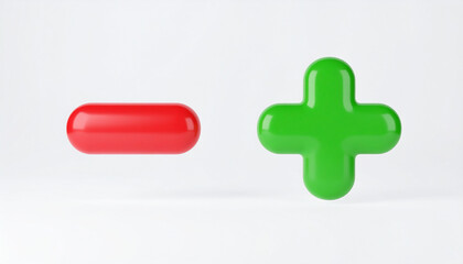 Obraz premium Minimalistic 3D icons, glossy green plus and red minus isolated on white background, clean aesthetic