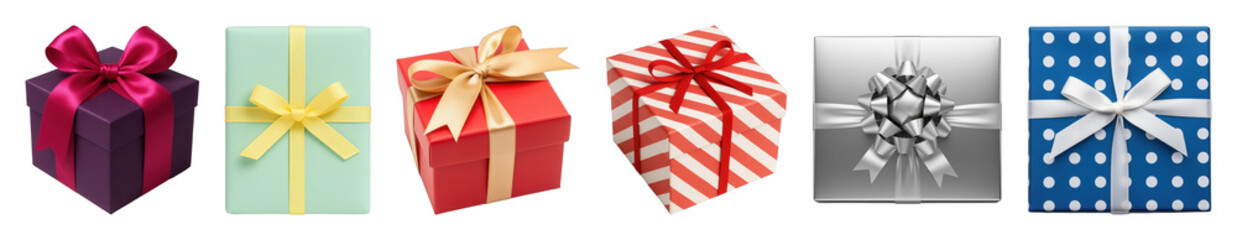 Gift box set including vibrant colors, striped, polka dot, and ribbon bows isolated. Holiday celebration and event collection.