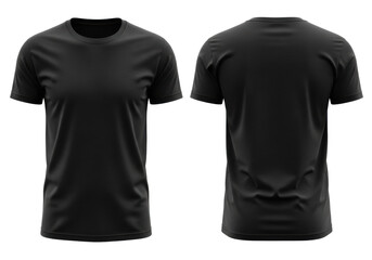 Two blank black round-neck short-sleeve t-shirts, front and back, soft cotton texture, flat lay on transparent with copy space, perfect apparel mockup template